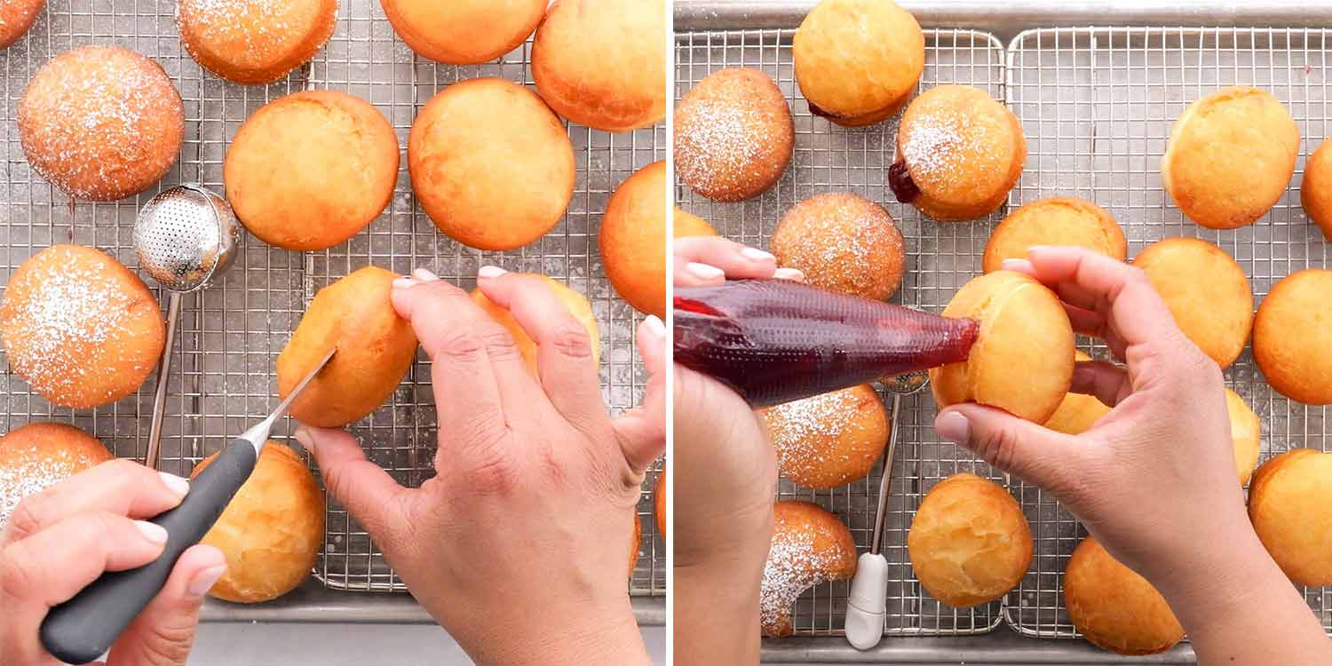 process shots showing how to make jelly donuts.
