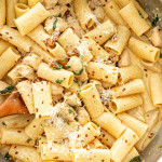 freshly made marry me chicken pasta in a skillet.