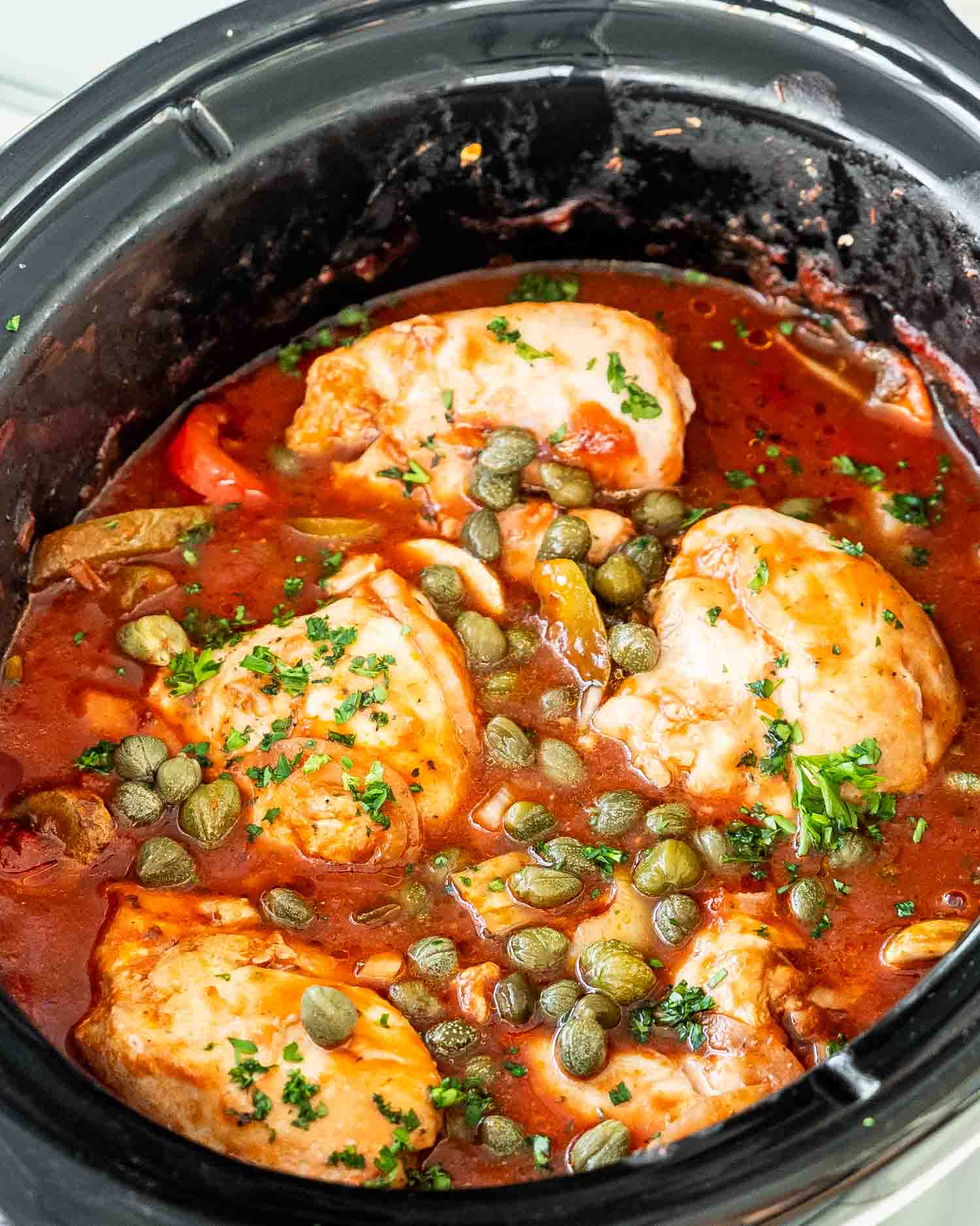 chicken cacciatore in a slow cooker.