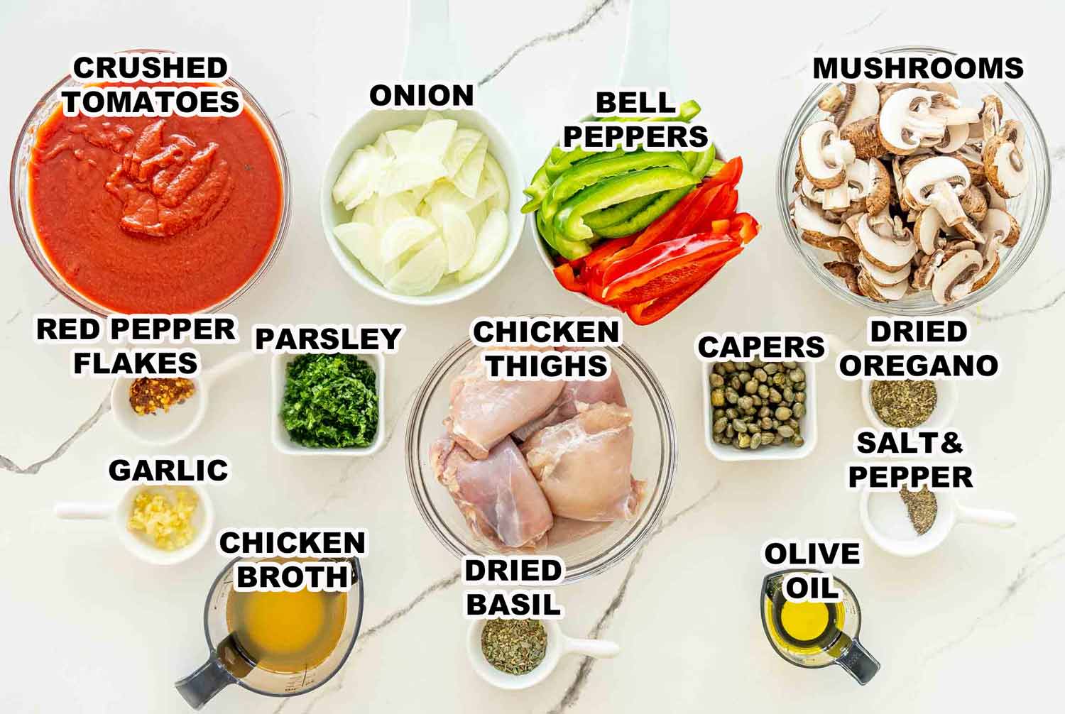 ingredients needed to make chicken cacciatore in the slow cooker.