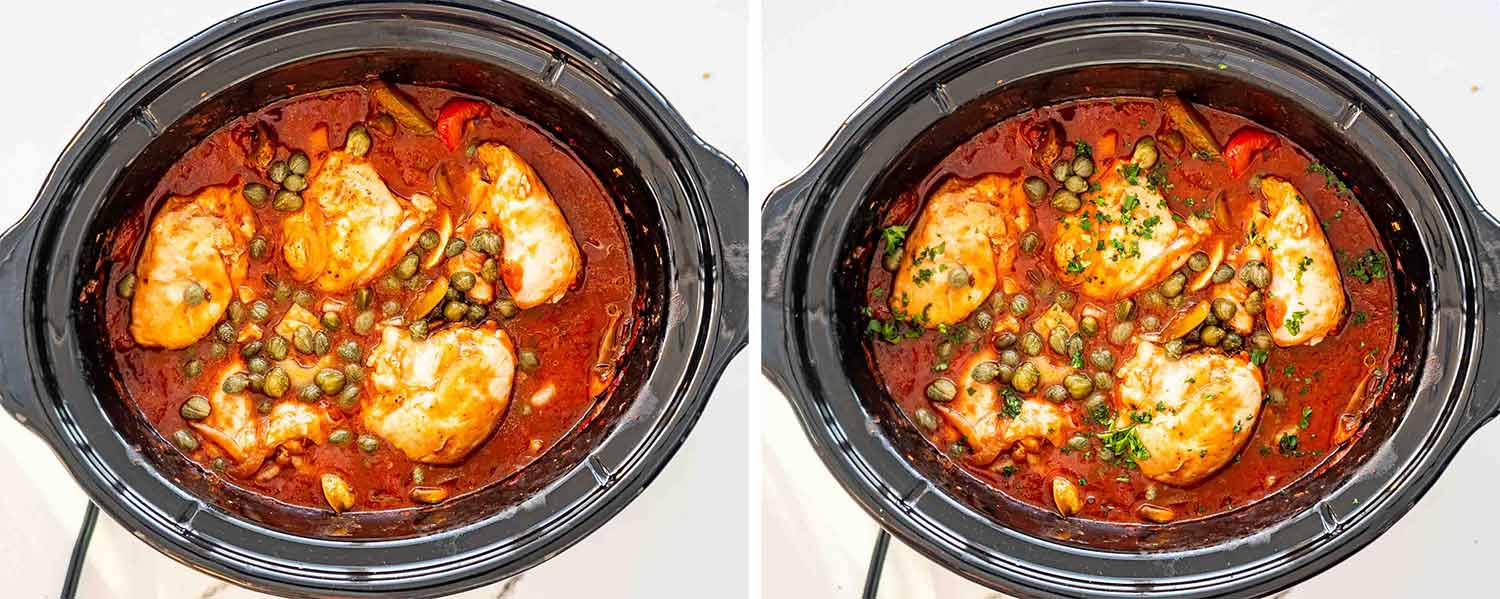 process shots showing how to make slow cooker chicken cacciatore.