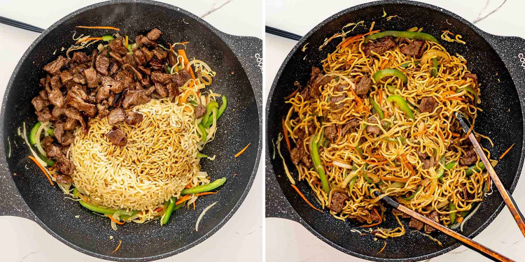 process shots showing how to make beef chow mein.