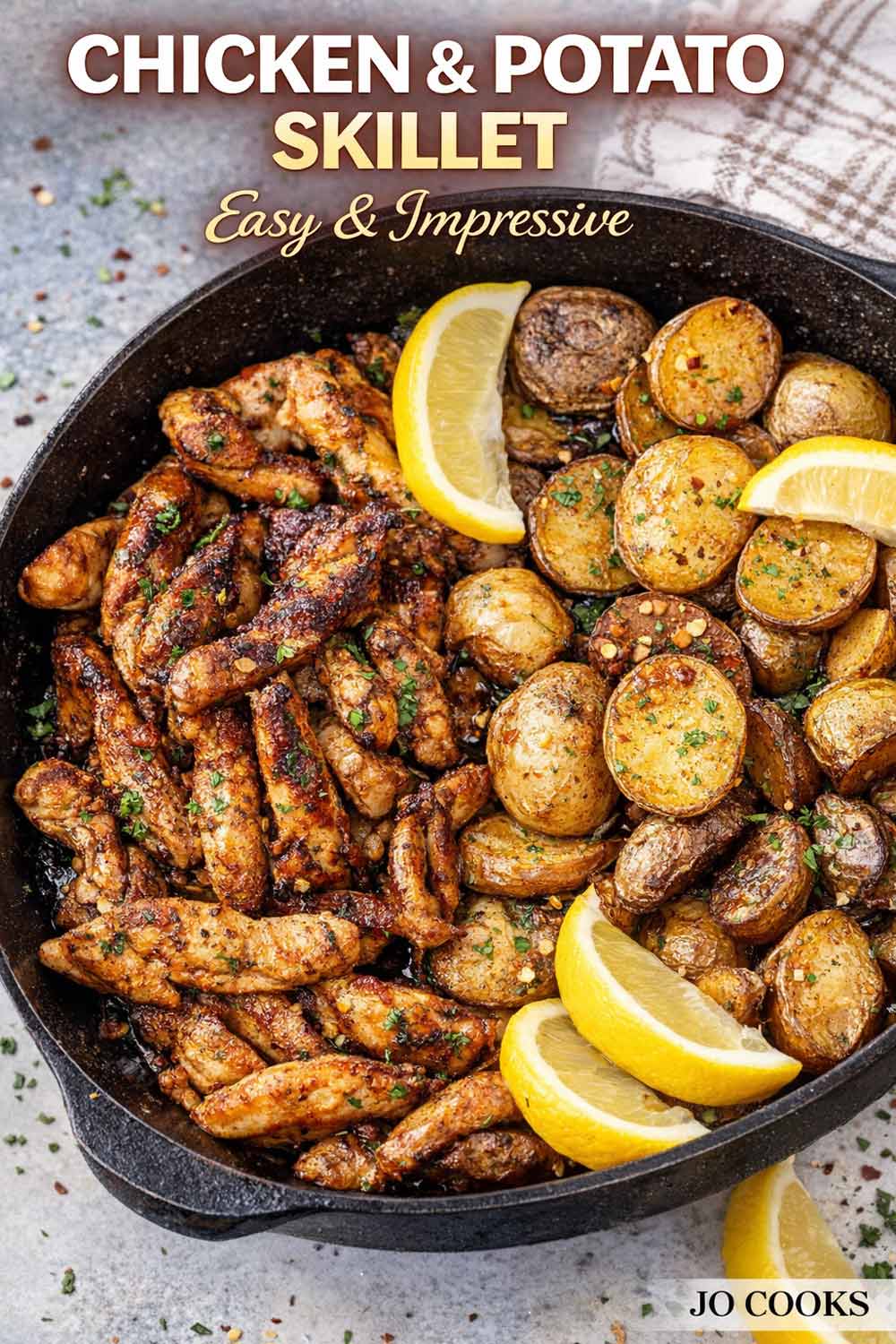 Close up Chicken And Potato Skillet featuring juicy seasoned chicken, crispy potatoes, garlic bits, parsley, and bright lemon wedges in cast iron skillet.