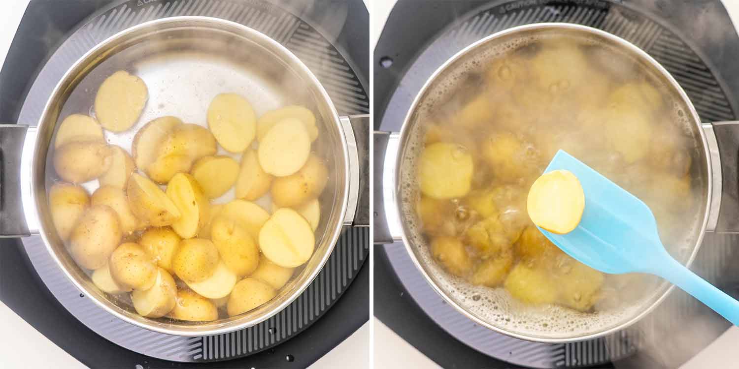process shots showing how to make chicken and potato skillet.