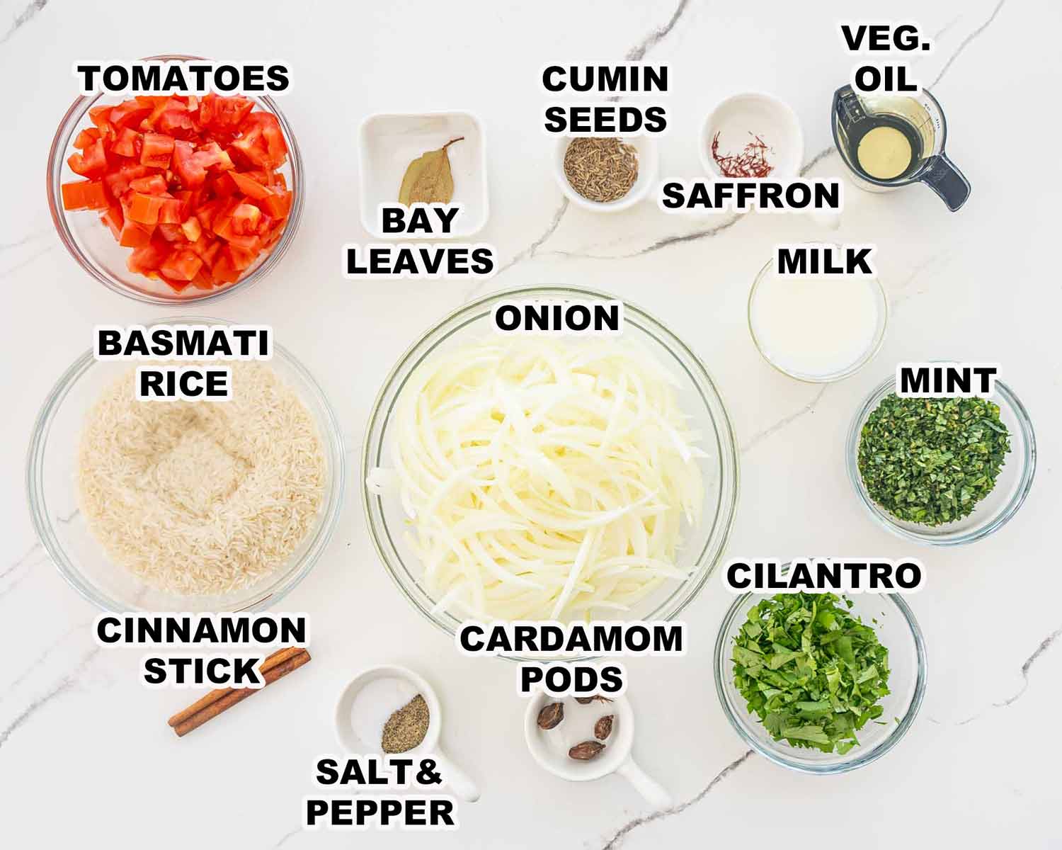 ingredients needed to make chicken biryani.