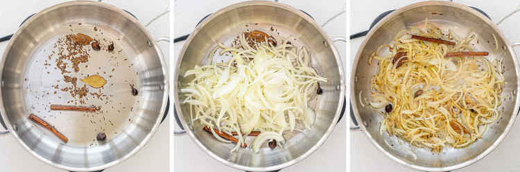 process shots showing how to make chicken biryani.