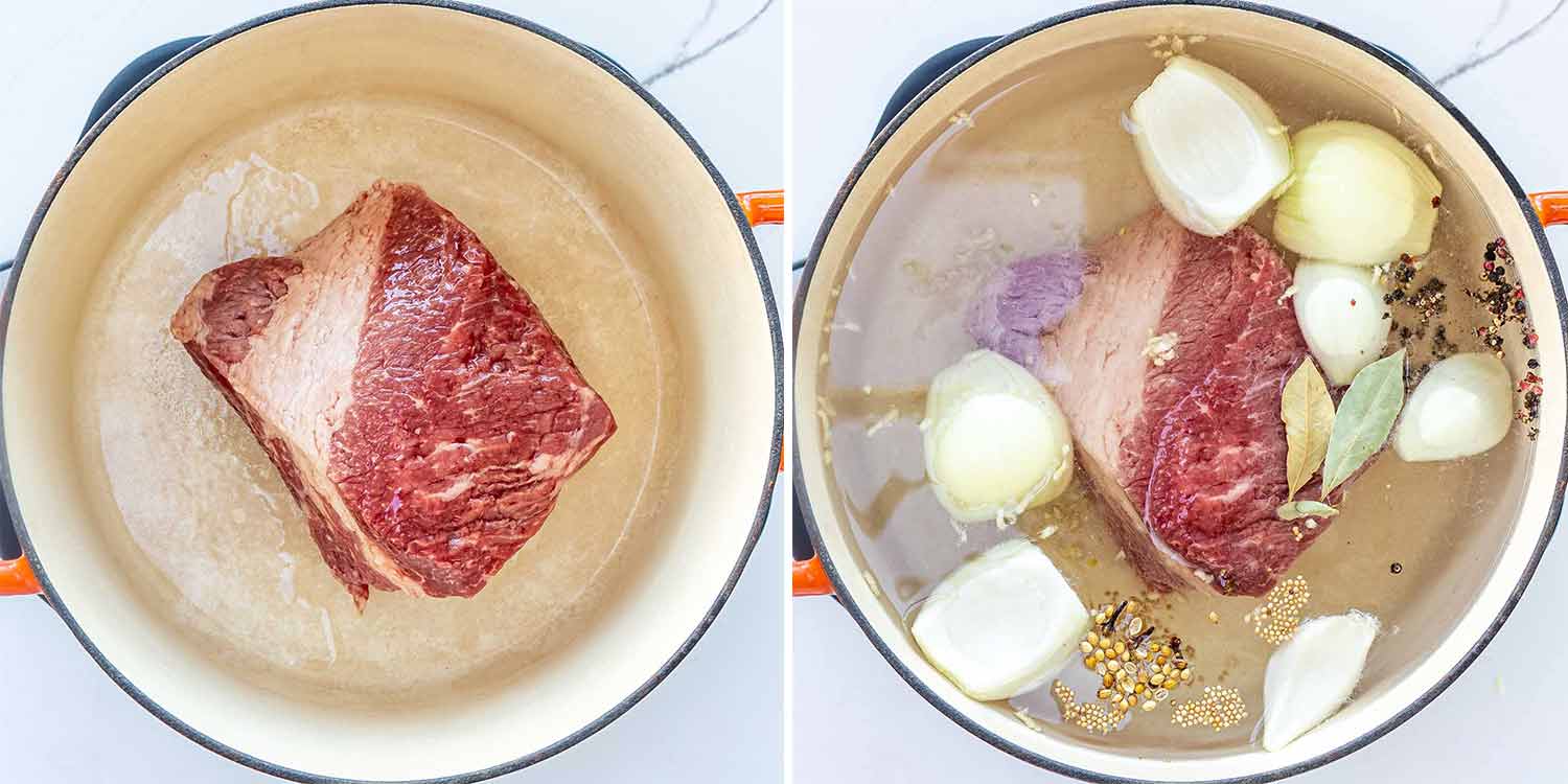 process shots showing how to make corned beef and cabbage.