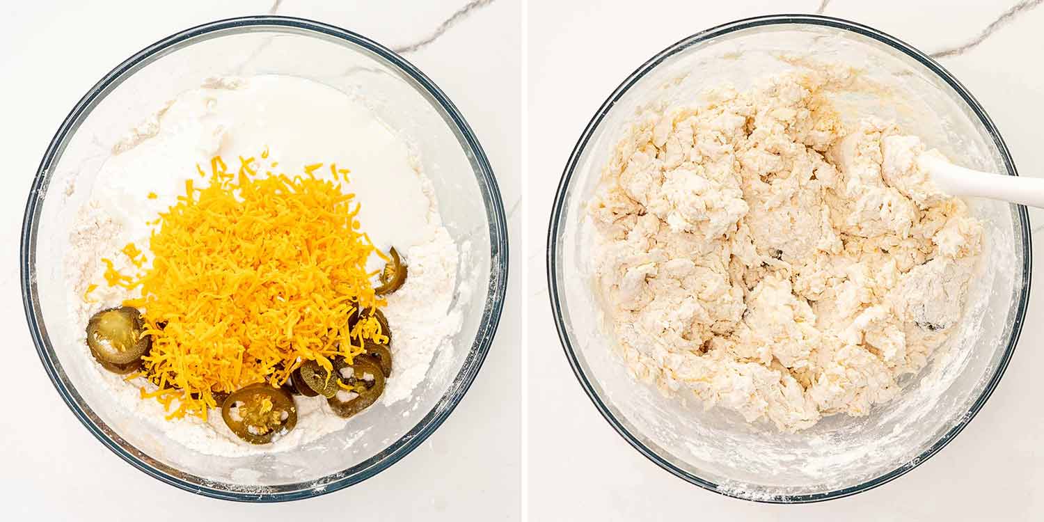 process shots showing how to make jalapeno cheddar biscuits.