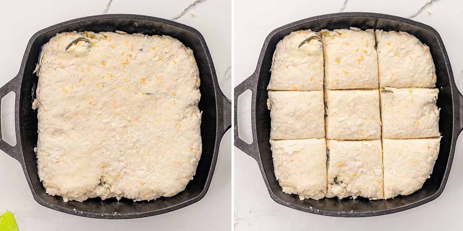 process shots showing how to make jalapeno cheddar biscuits.