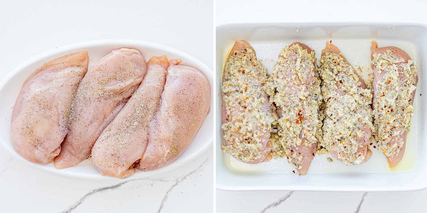 process shots showing how to make parmesan herb chicken.