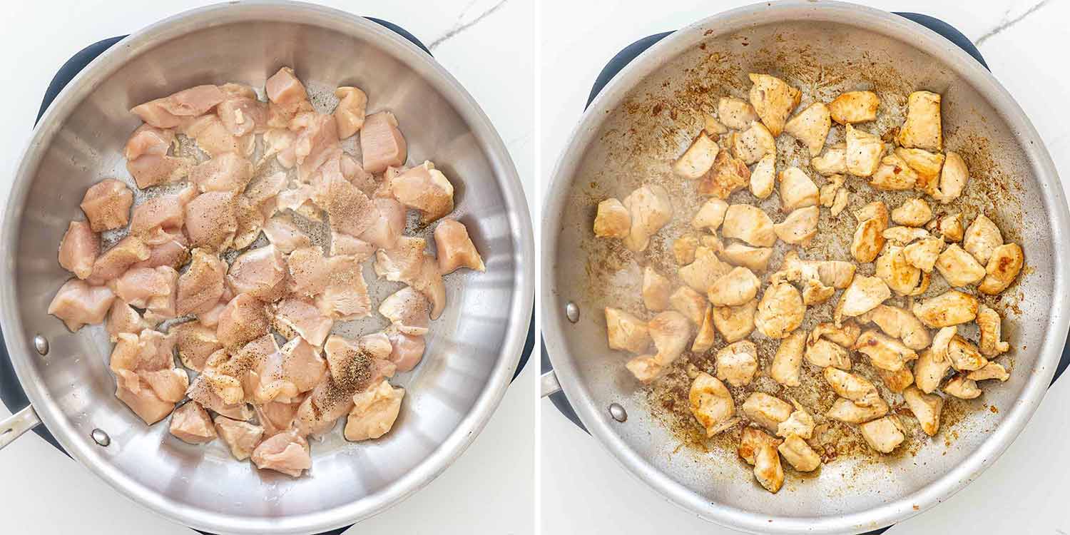 process shots showing how to make pepper chicken stir fry.