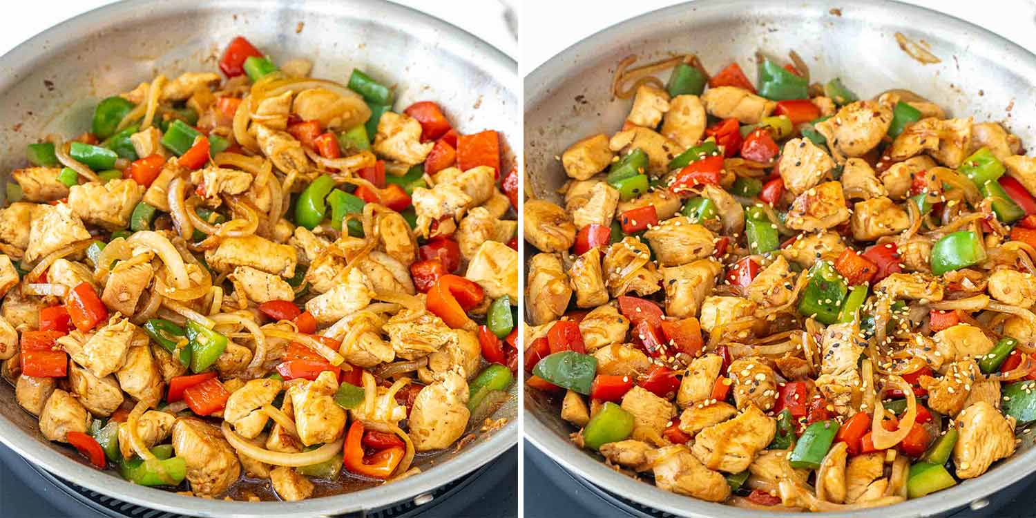 process shots showing how to make pepper chicken stir fry.