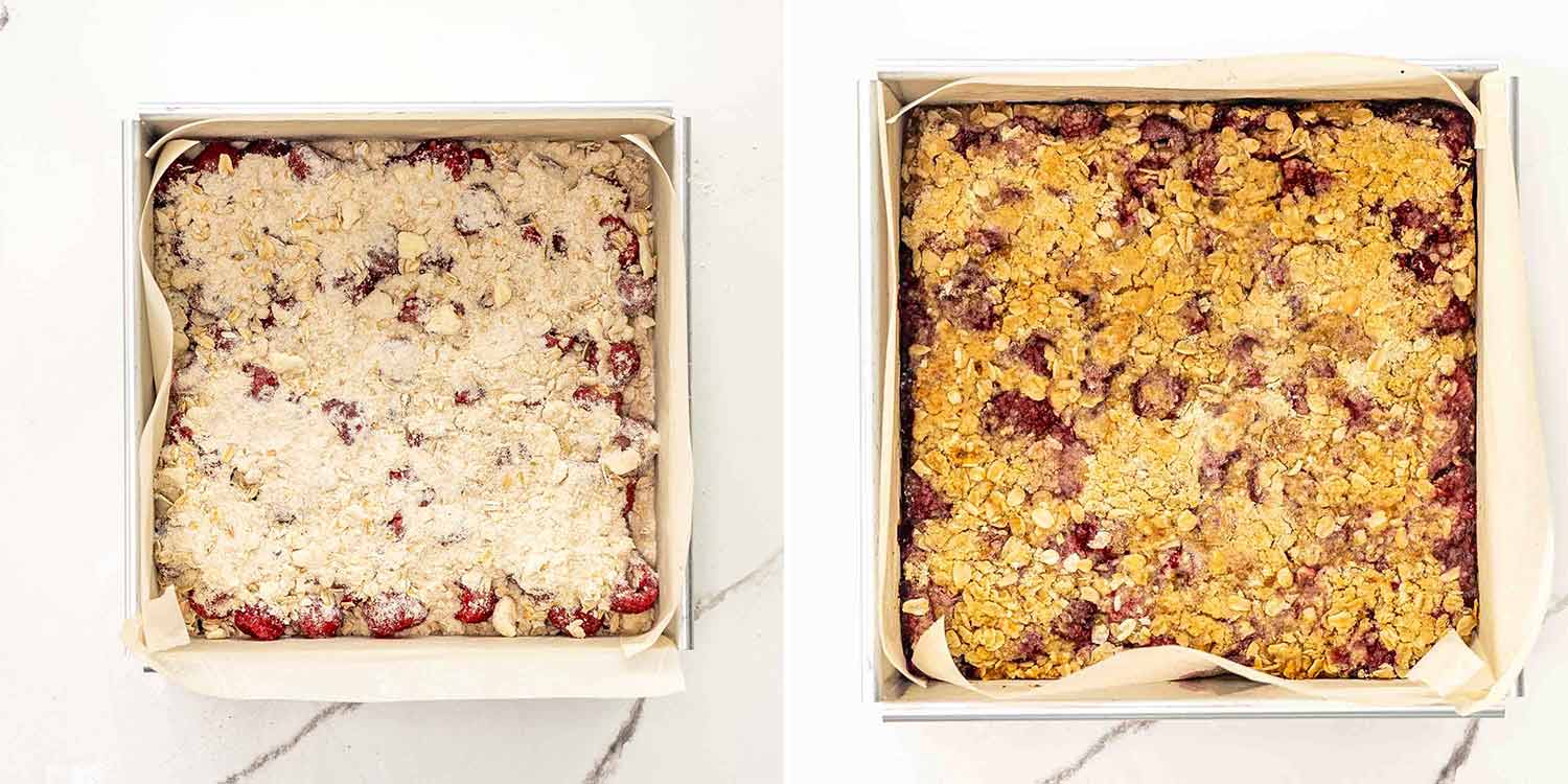 process shots showing how to make raspberry oatmeal crumble bars.
