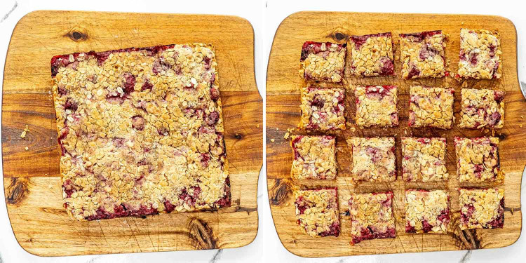 process shots showing how to make raspberry oatmeal crumble bars.