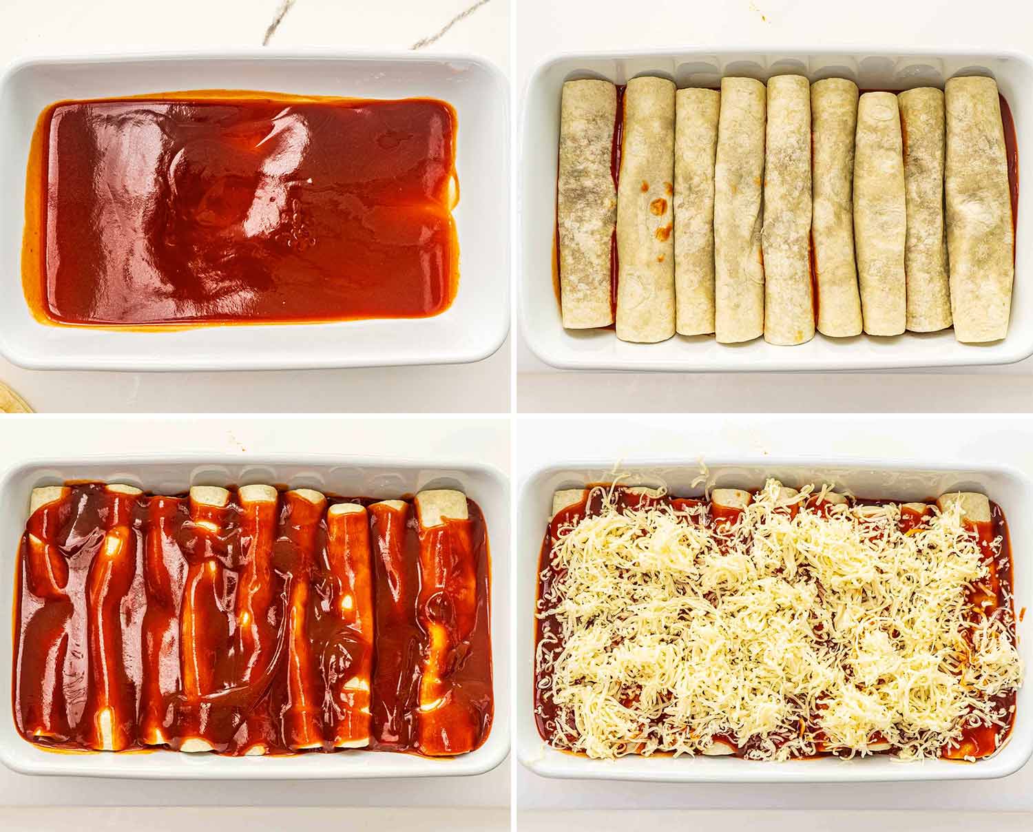 process shots showing how to make beef enchiladas.