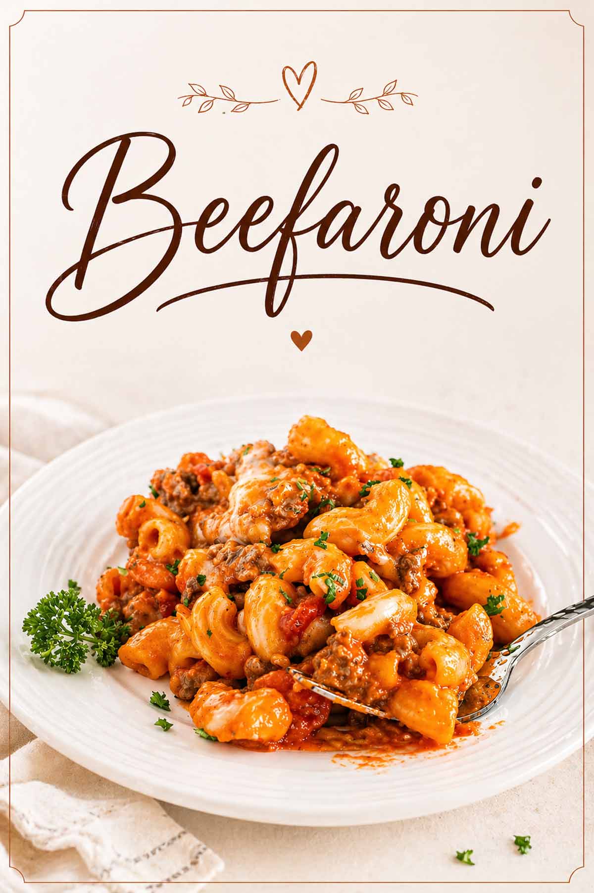 Close up of cheesy macaroni and ground beef pasta with fancy script title and a simple heart graphic.