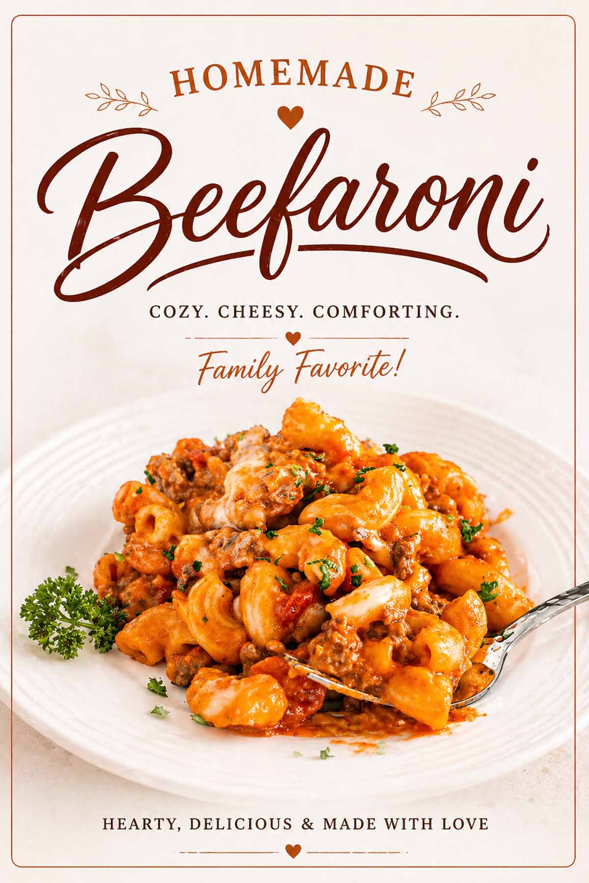 High contrast food photography of beefaroni on a white plate with elegant handscript font and a rustic border.