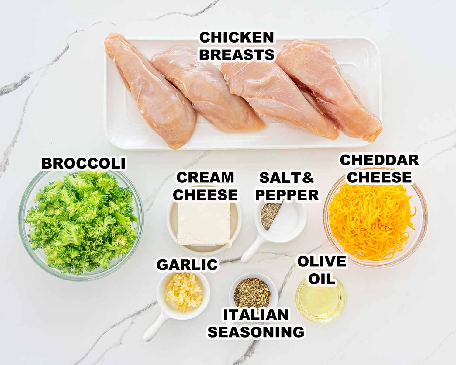 ingredients needed to make broccoli and cheddar stuffed chicken breast.