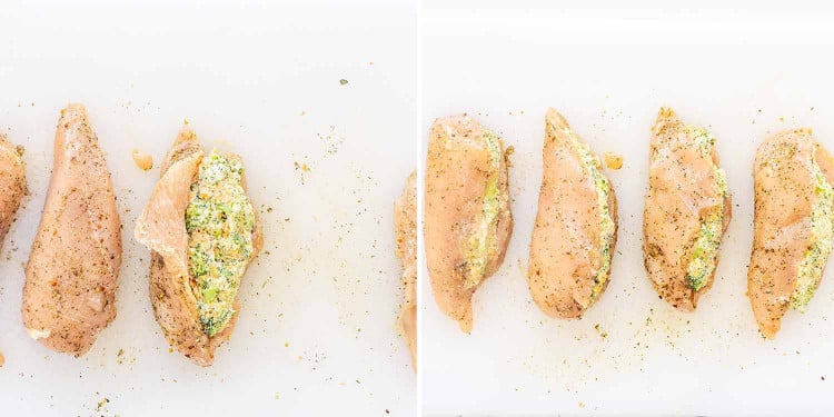 process shots showing how to make broccoli cheddar stuffed chicken breast.