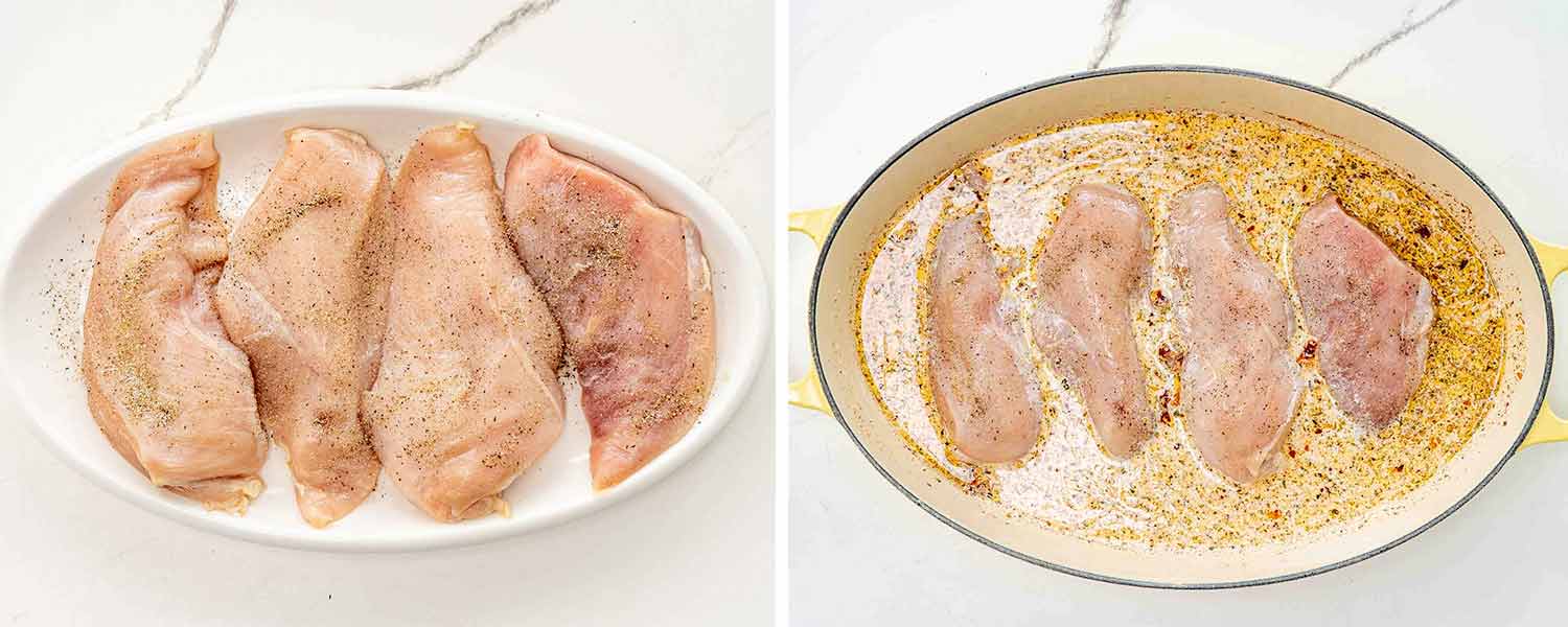 process shots showing how to make creamy baked chicken breasts.