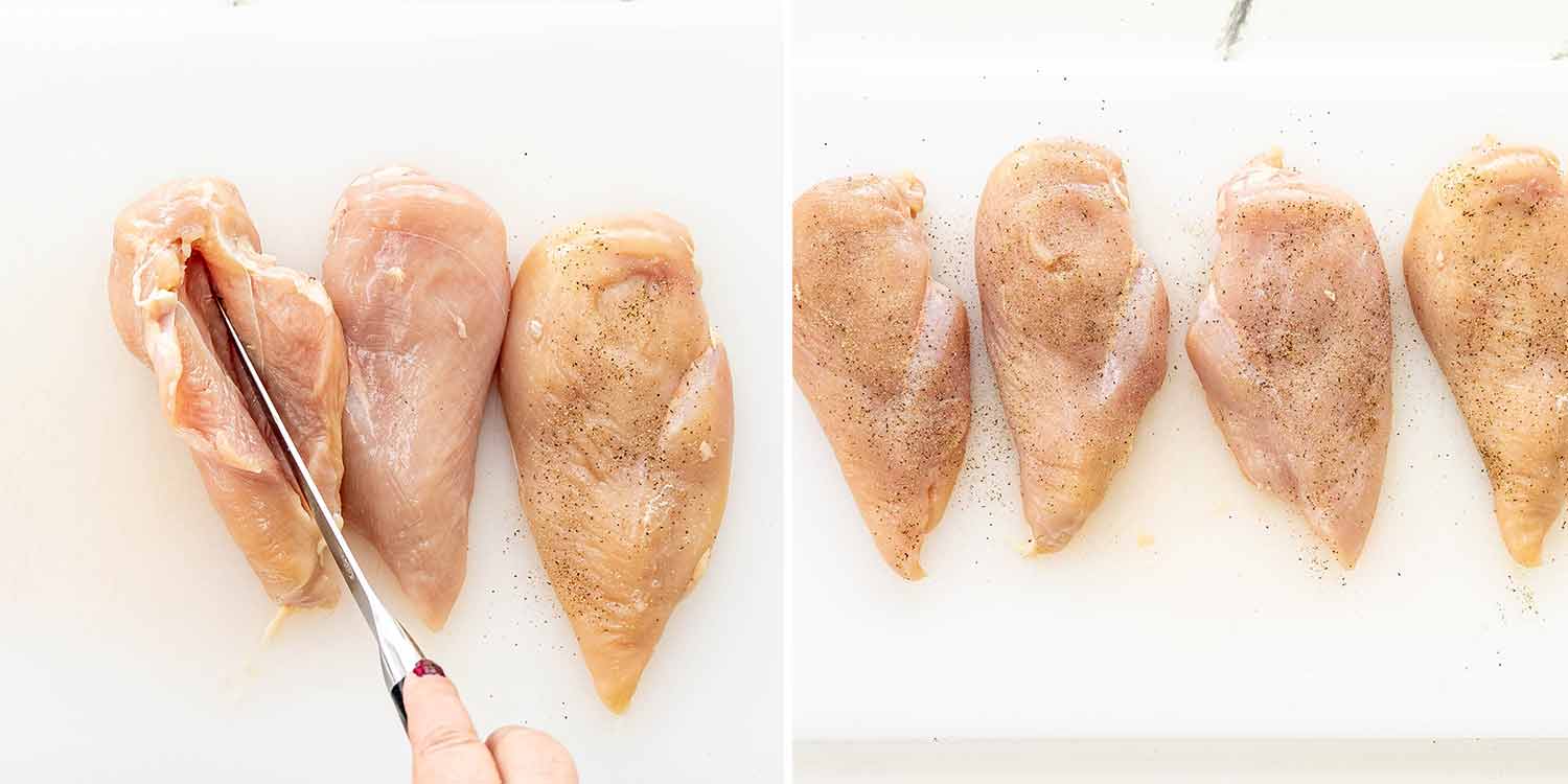 process shots showing how to make mushroom stuffed chicken breasts.