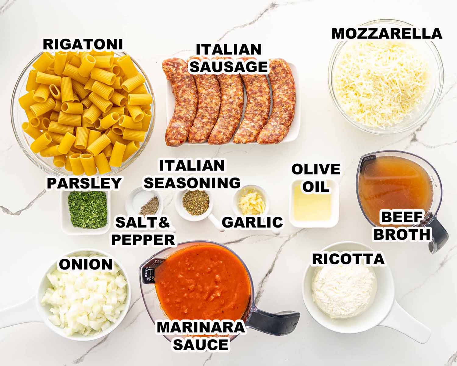 ingredients needed to make one pot sausage meatball pasta.