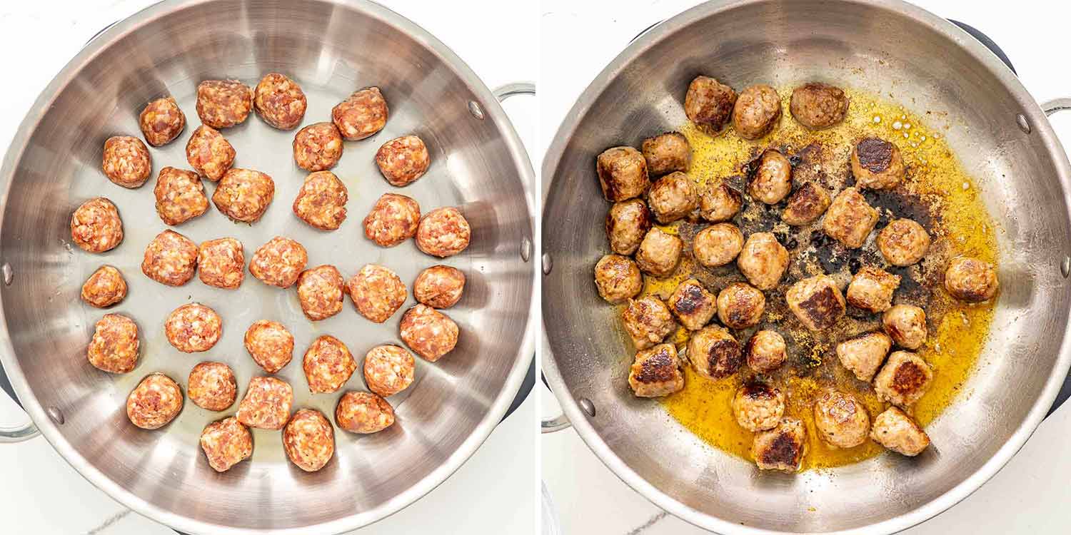 process shots showing how to make one pot sausage meatball pasta.
