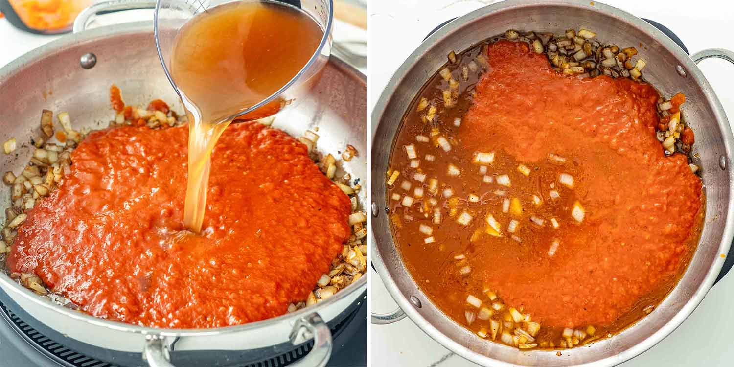 process shots showing how to make one pot sausage meatball pasta.