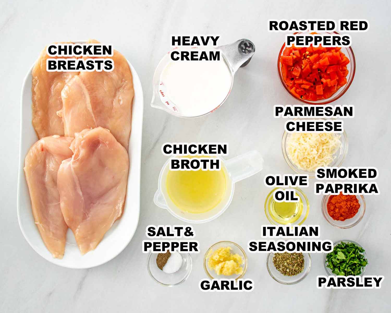 ingredients needed to make roasted red pepper skillet chicken.