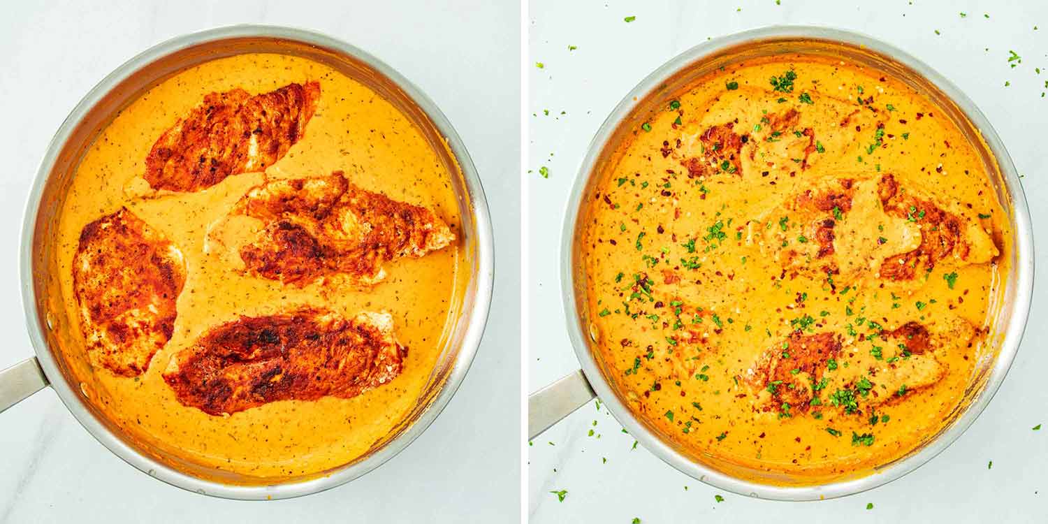 process shots showing how to make roasted red pepper skillet chicken.