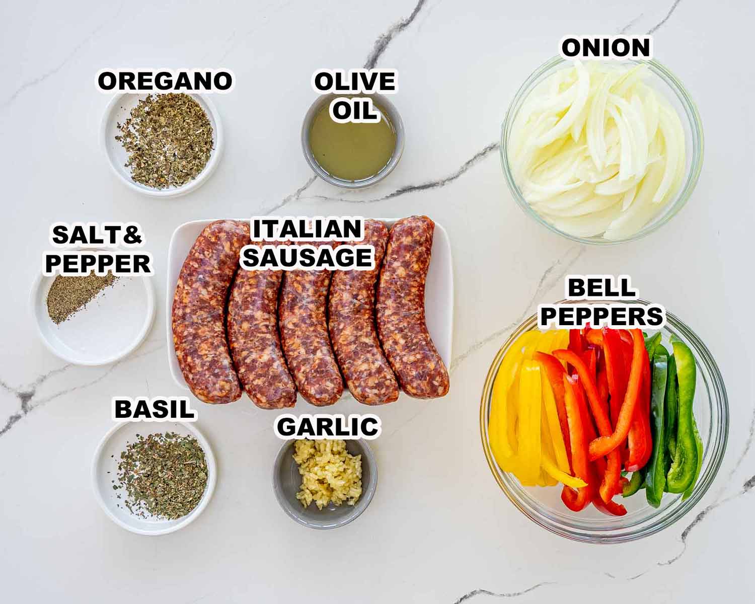 ingredients needed to make sausage peppers and onions.