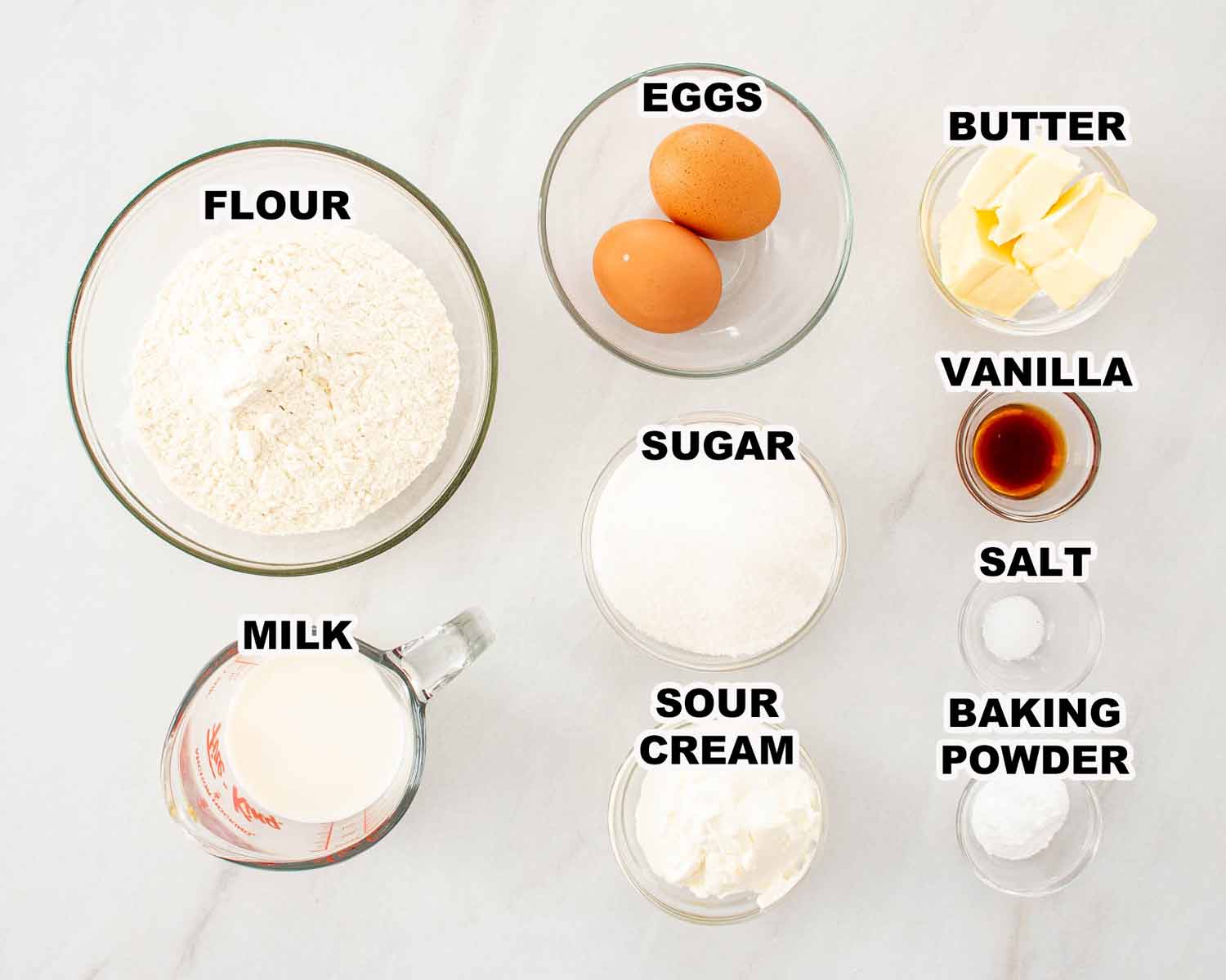 ingredients needed to make vanilla cupcakes.