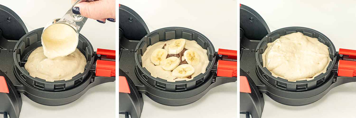 process shots showing how to make banana stuffed waffle makers.