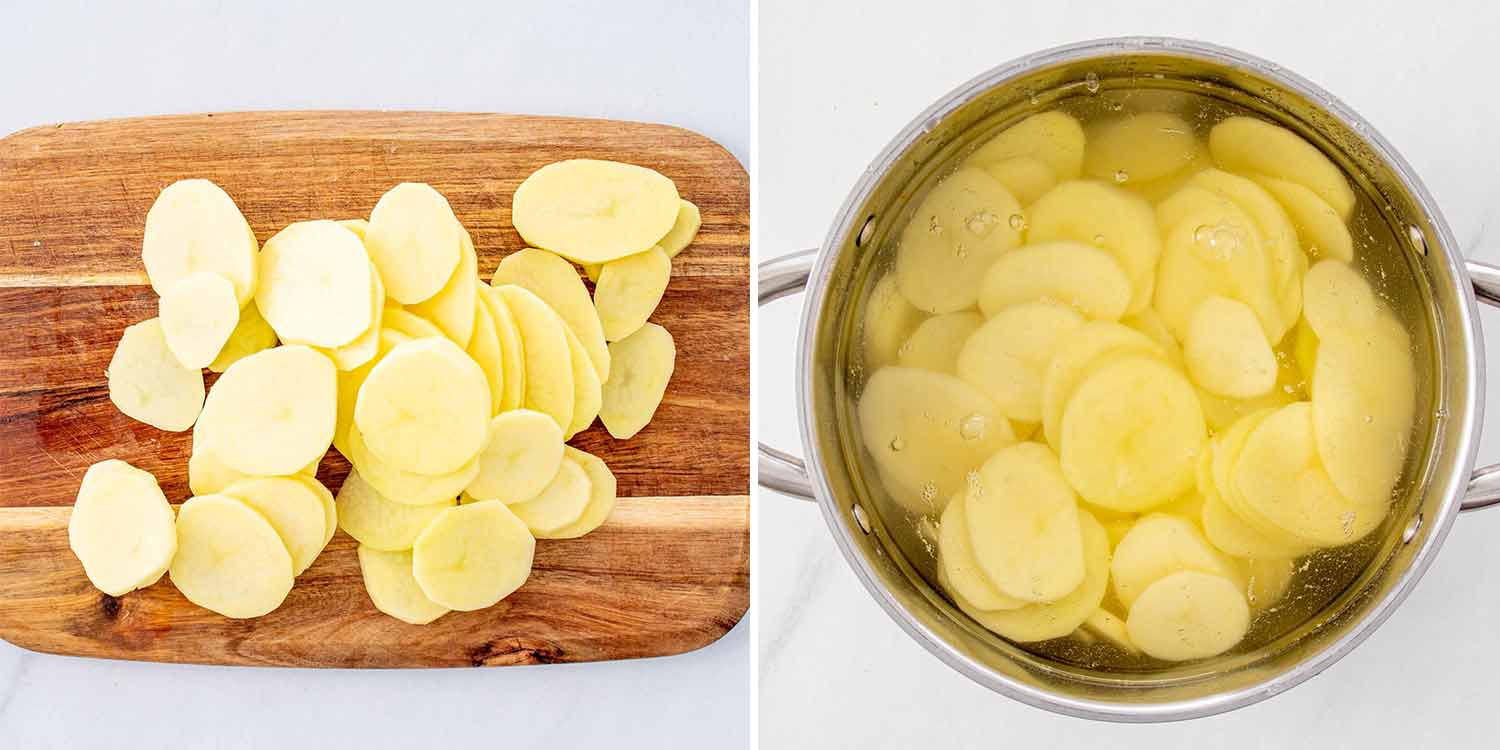 process shots showing how to make lyonnaise potatoes.