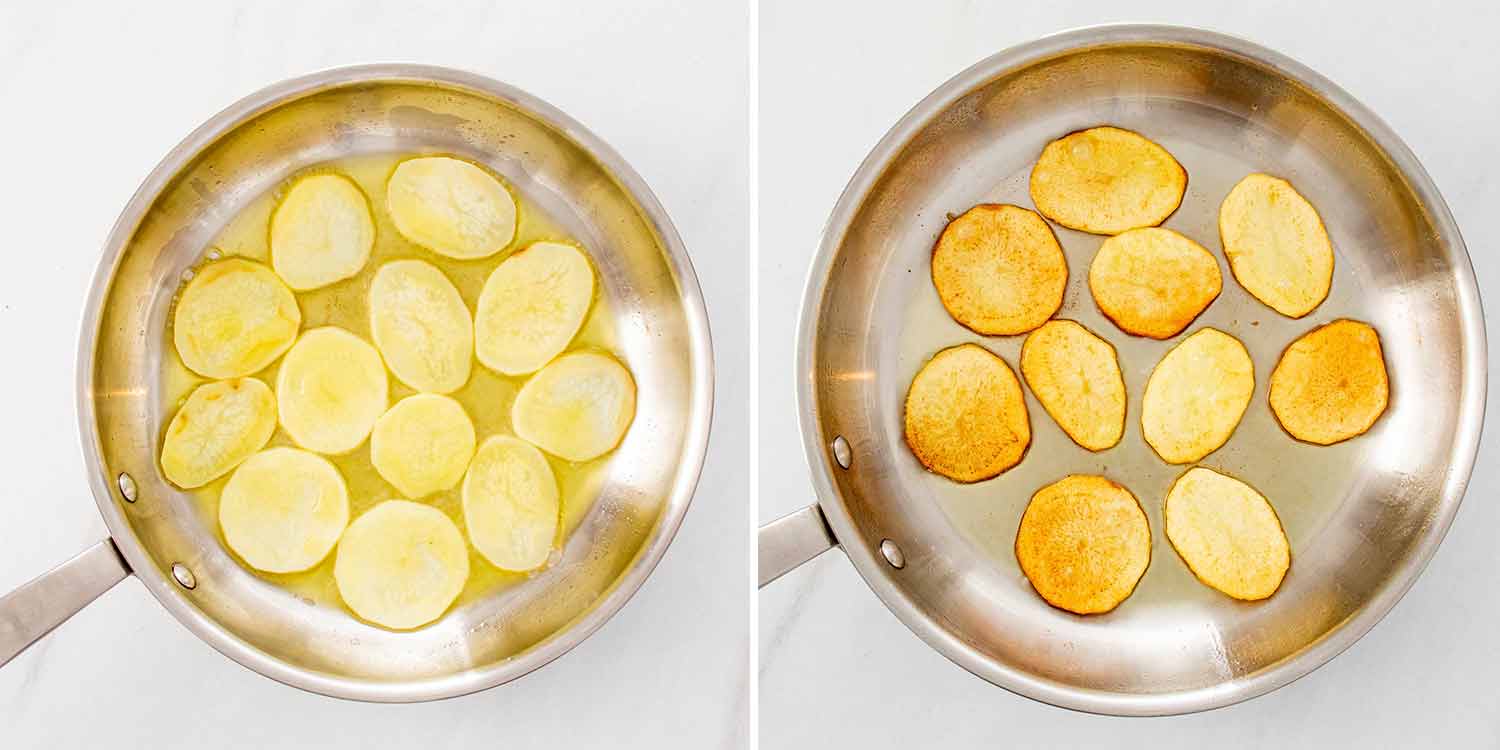 process shots showing how to make lyonnaise potatoes.