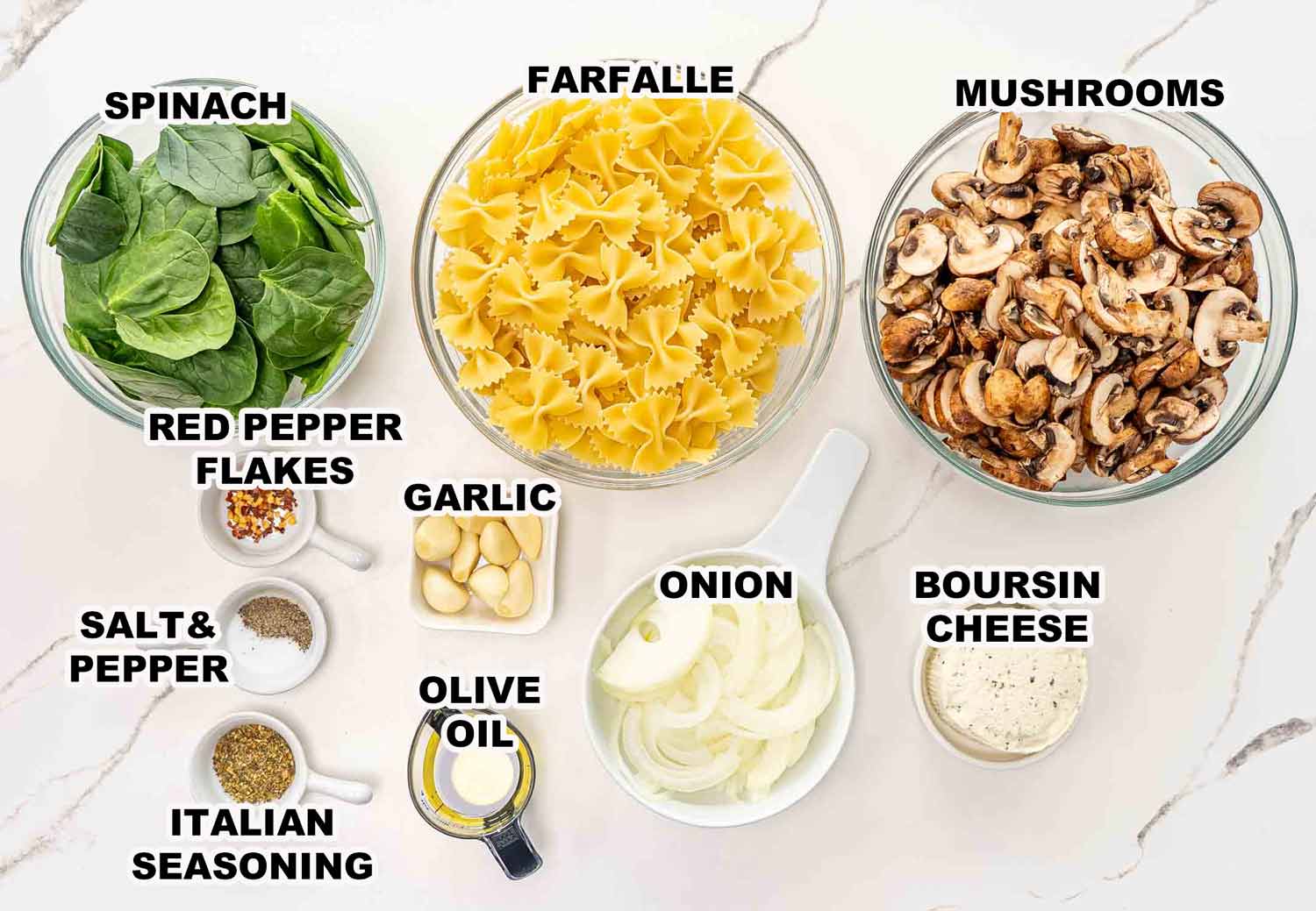 ingredients needed to make mushroom boursin pasta.
