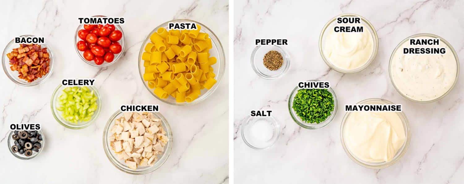 ingredients for chicken ranch pasta salad.
