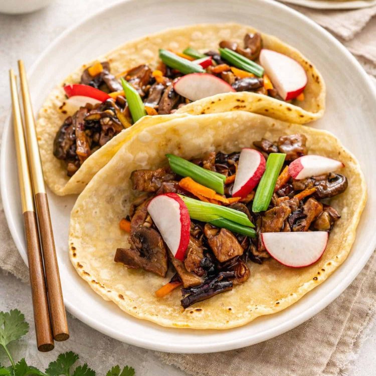 two mandarin pancakes on a white platter with moo shu pork.