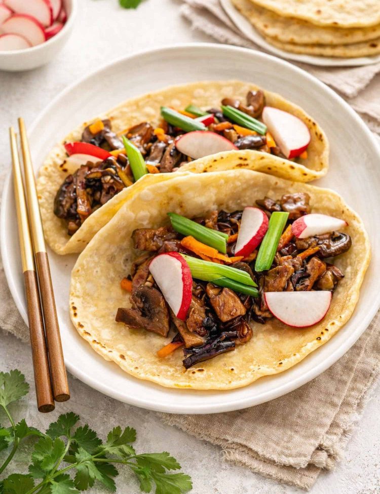 two mandarin pancakes on a white platter with moo shu pork.