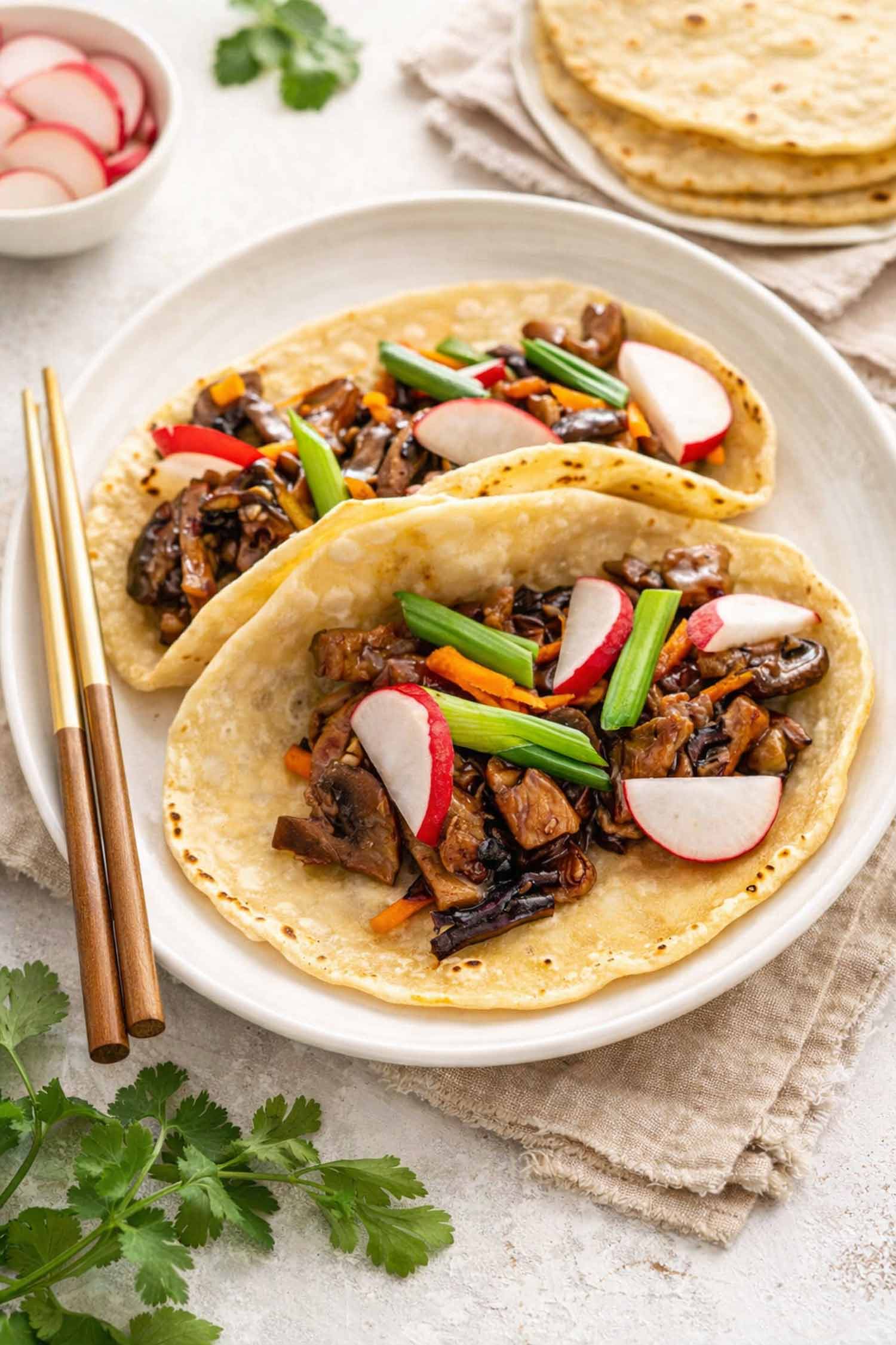 two mandarin pancakes on a white platter with moo shu pork.
