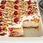 freshly made banana split cake in a 9x13 casserole dish.