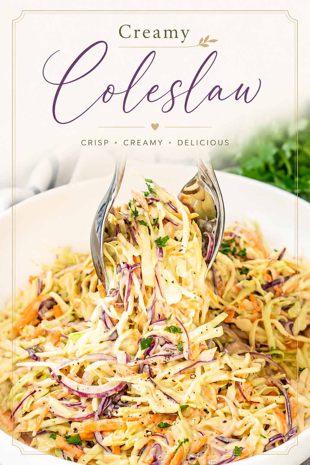 creamy homemade coleslaw with red cabbage and carrots in a white bowl/