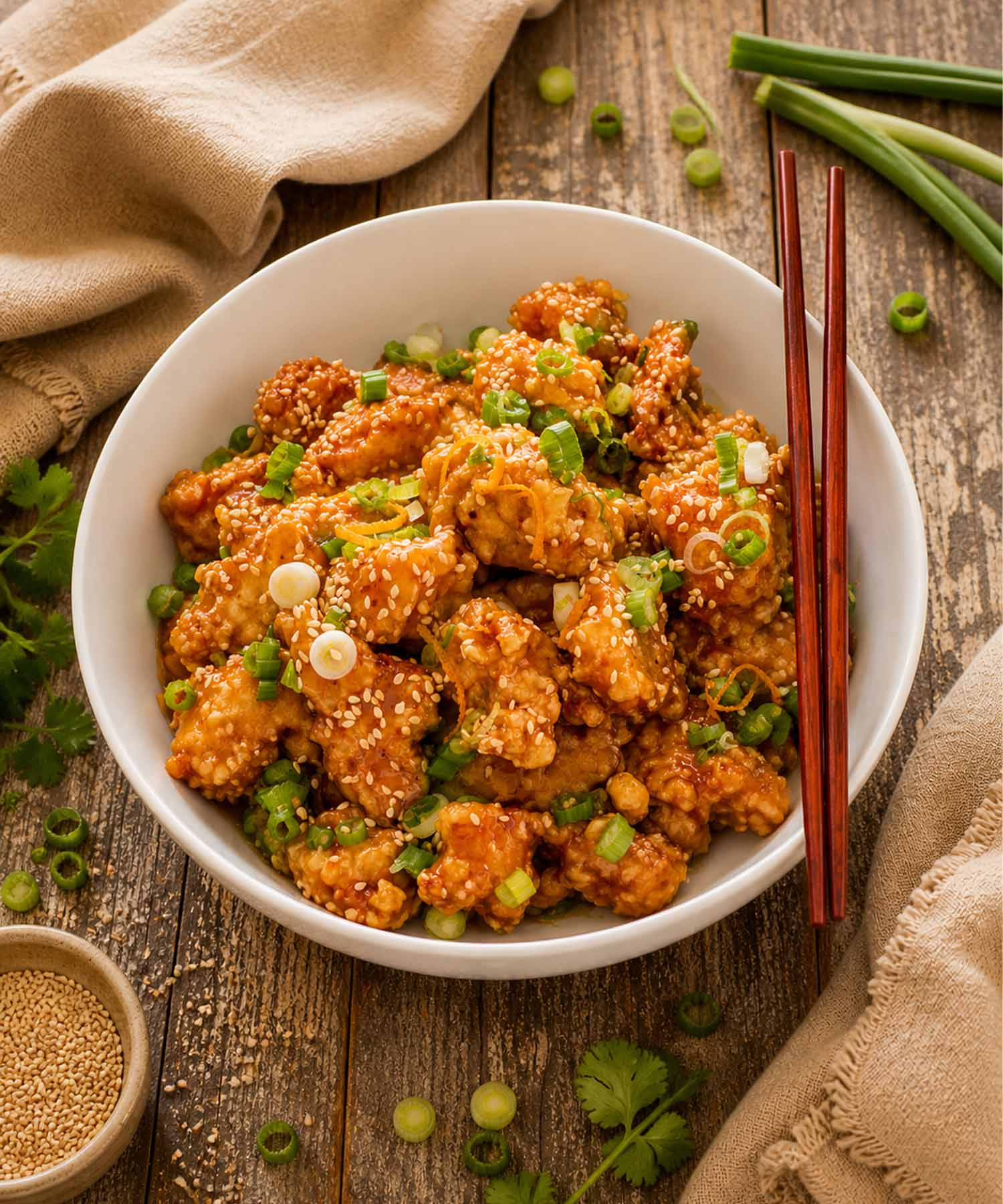 A bowl of crispy orange chicken topped with sesame seeds and finely chopped green onions. The chicken pieces are golden and glossy, coated in a rich orange sauce.
