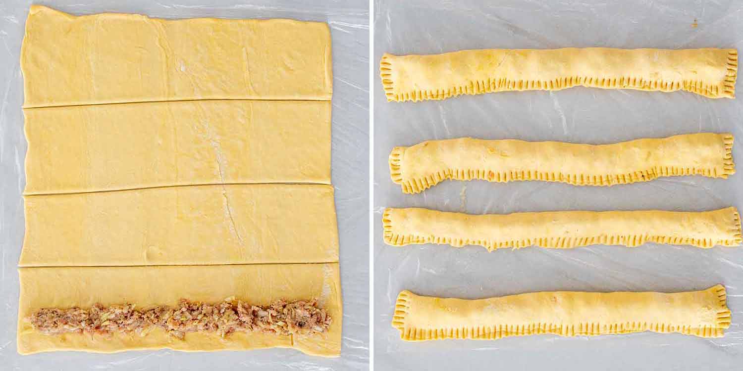 process shots showing how to make pork and apple sausage rolls.