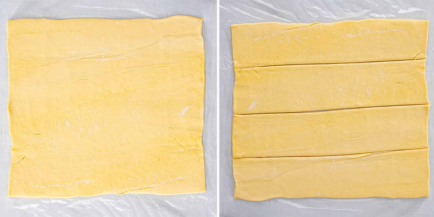 process shots showing how to make pork and apple sausage rolls.