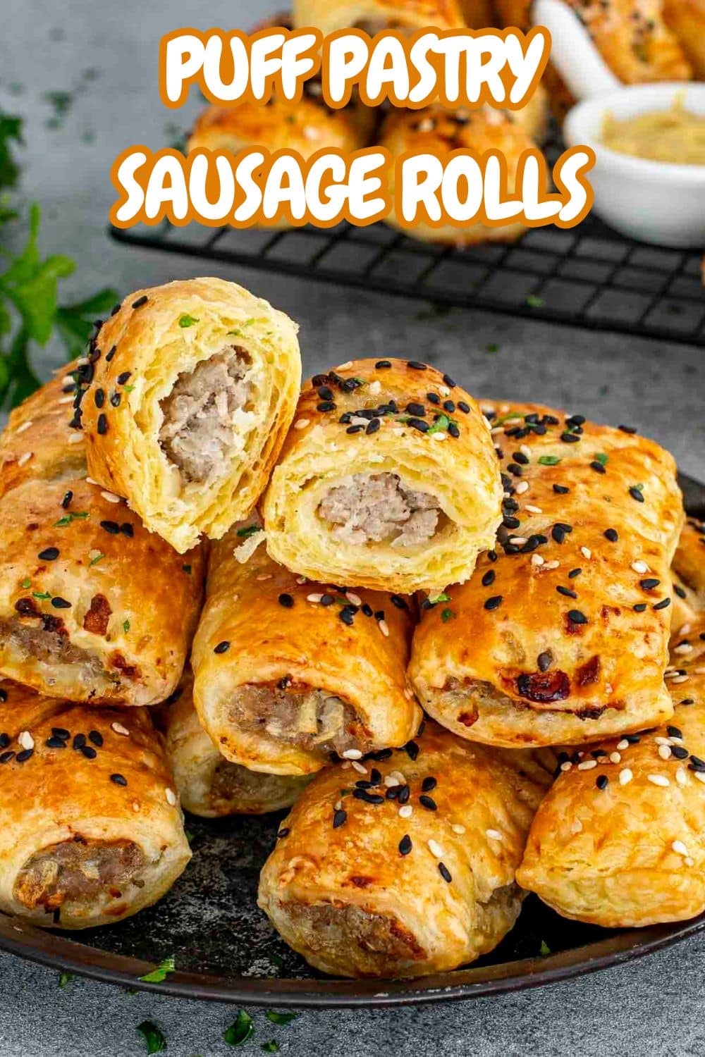 pin for puff pastri sausage rolls with apple.