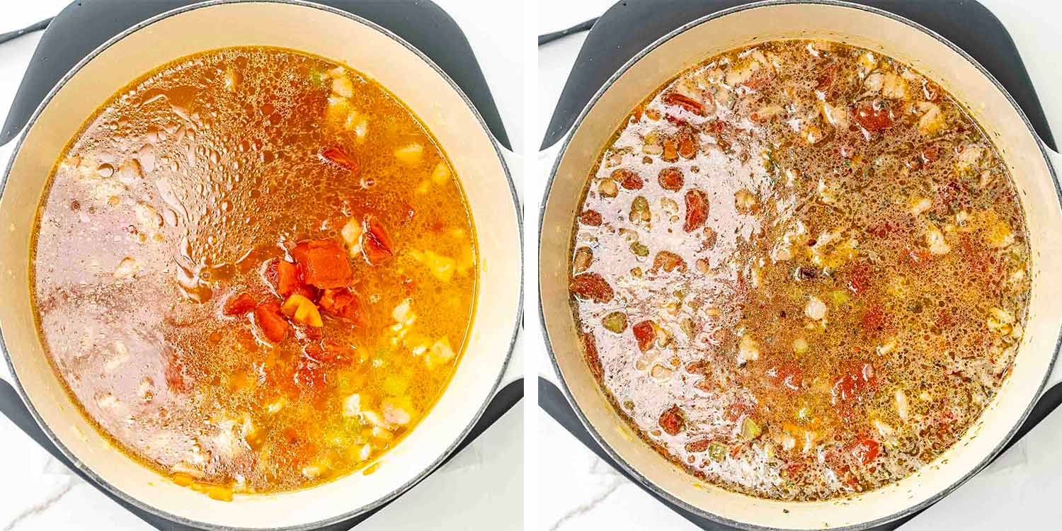 process shots showing how to make pasta e fagioli.