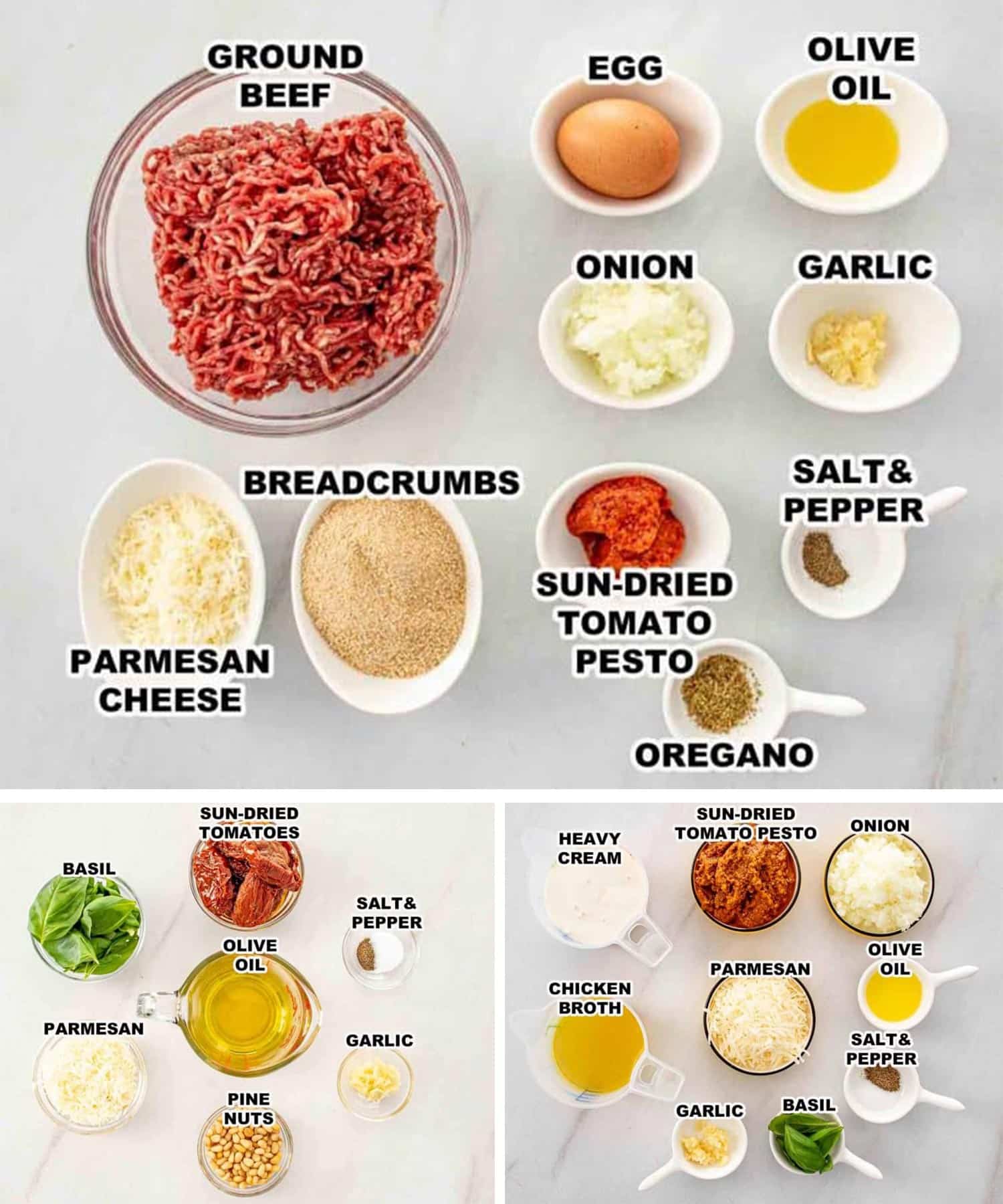 ingredients for Pesto Meatballs in Creamy Sun-Dried Tomato Sauce.