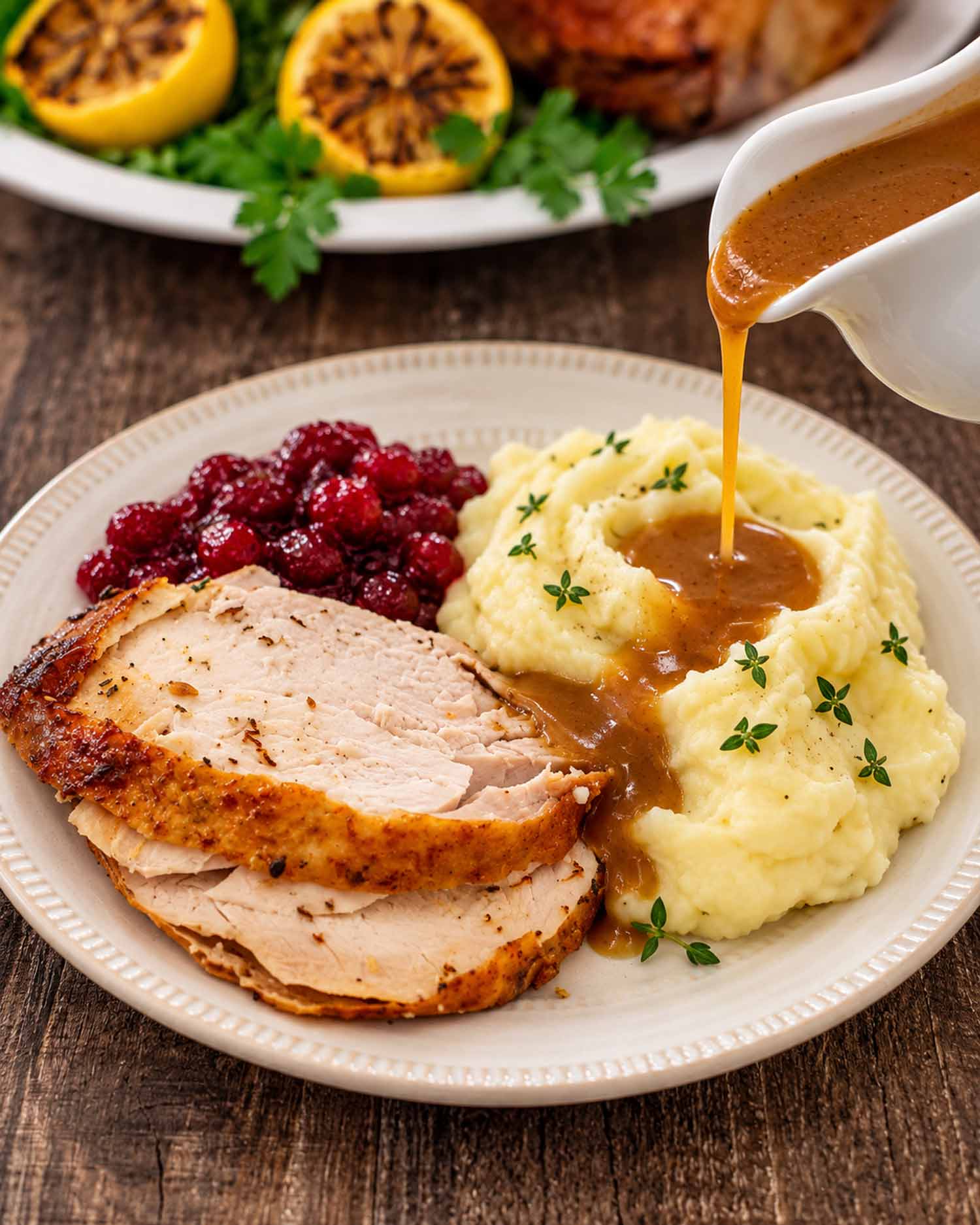 Brown gravy pouring from a white gravy boat onto mashed potatoes beside sliced roast turkey breast and cranberry sauce.