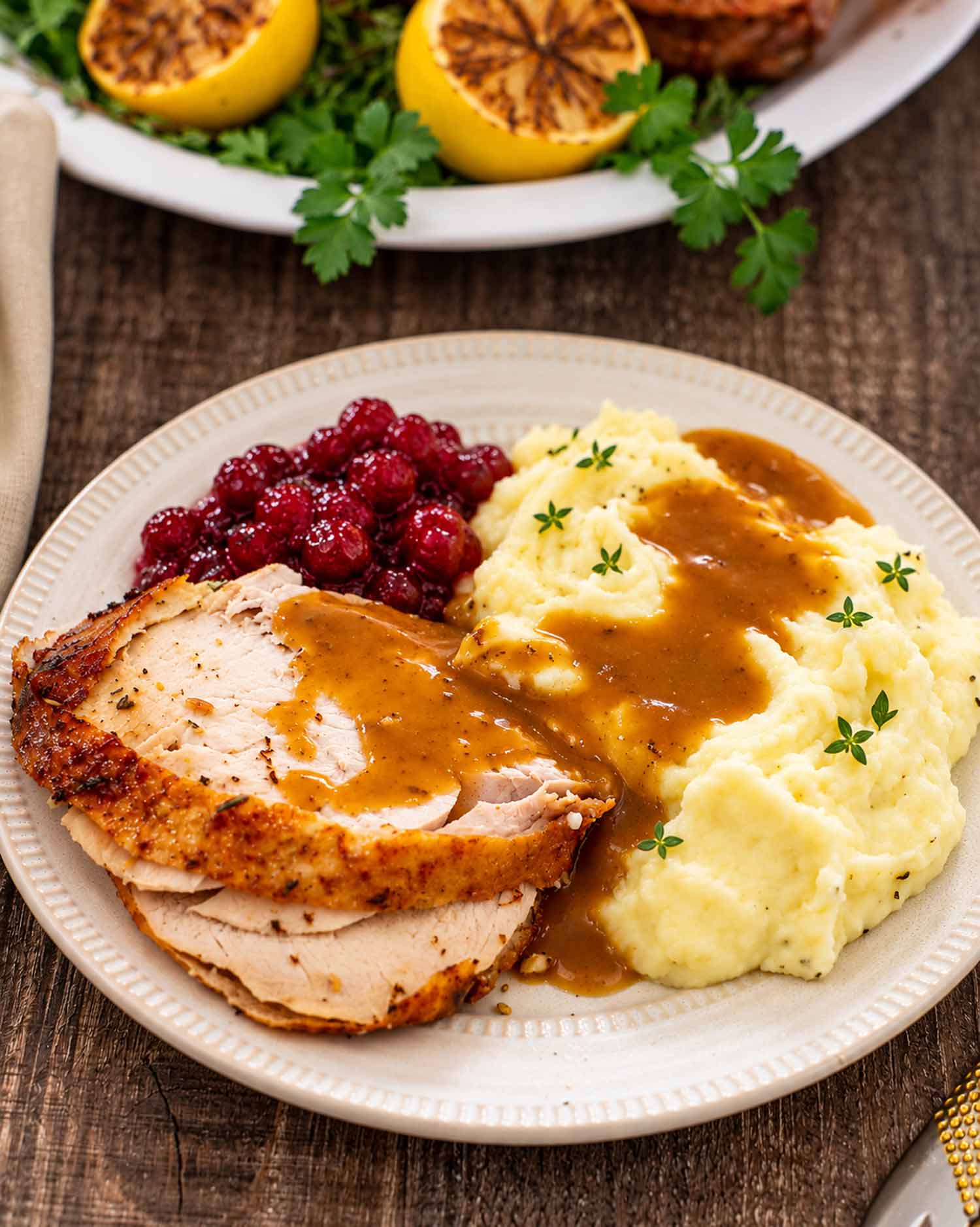 Sliced roast turkey breast and mashed potatoes covered with brown gravy, served with cranberry sauce on a cream plate.